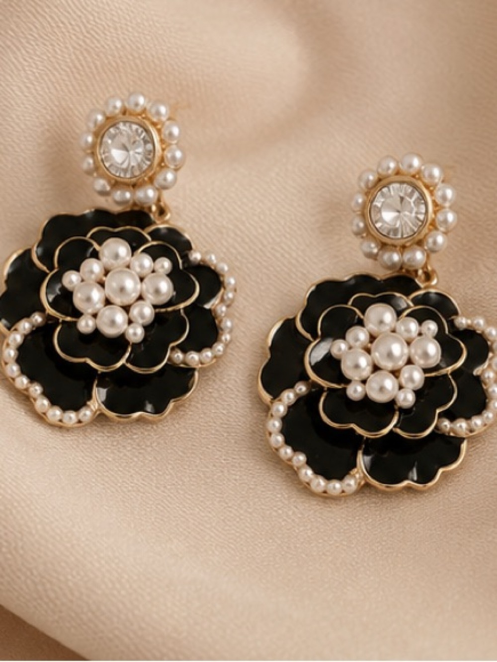 Black Floral Pearl Statement Earrings Gold Tone Crystal